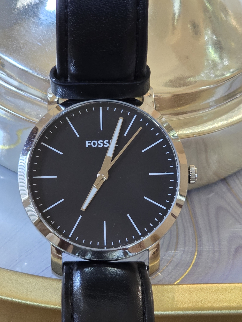 Fossil Minimalist Black Dial Leather Strap Watch